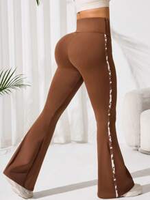 Easithlete Women Asymmetrical Waist Flared Sporty Pants - Brown - View 2