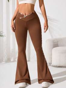 Easithlete Women Asymmetrical Waist Flared Sporty Pants - Brown - View 3