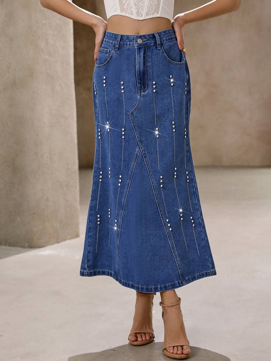 SHEIN Essnce Fashionable Casual Versatile Pearl Embellished Women's Denim Maxi Skirt - Medium Wash - View 1