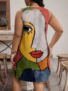 EMERY ROSE 大码女式休闲肖像印花圆领无袖连衣裙，适合夏季