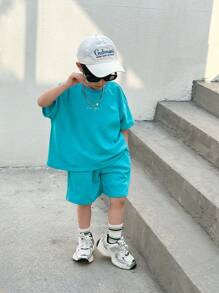 SHEIN 2pcs/Set Baby Boy Casual Solid Color Letter Print Short Sleeve T-Shirt And Elastic Waist Shorts Set, Summer
