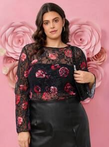 SHEIN LUNE 加大码圆领长袖蕾丝玫瑰印花上衣，适合情人节度假装，女士夏季服装 - 黑色 - 查看 4