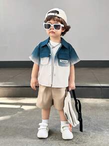 SHEIN 男婴/女婴夏季可爱渐变绿色短袖衬衫和松紧腰短裤套装 - 藍色 - 查看 3