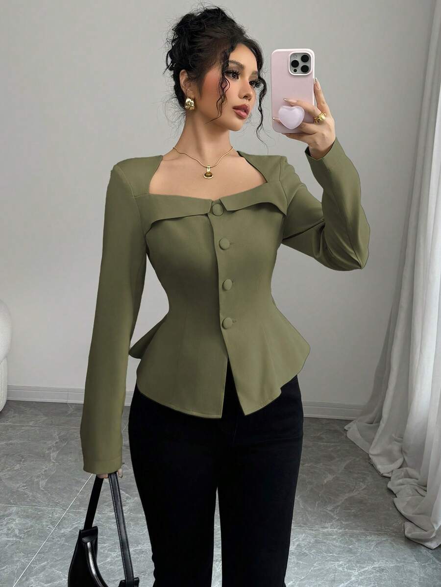 Elenzga Women's French Elegant Olive Green Blouse,Fall Winter Office Commute Square Trapeze Collar Front Button Waistline A-Line Long Sleeve Fall Cloth - Army Green - View 1