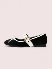 CUCCOO DOLLMOD Round Toe Suede Patchwork Metal Buckle Bow Ballet Flat Soft-Soled Loafers For Women Spring Shoes Spring Break Easter - Black and White - View 5