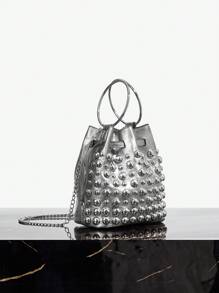 SHEIN SXY 女士手提包、单肩包、流浪包、时尚、优雅、简约、个性化、多功能、经典、铆钉、适合约会、日常、购物、下午茶、鸡尾酒会、派对、舞会、俱乐部、生日、晚会、约会之夜、舞会 - 銀色 - 查看 3