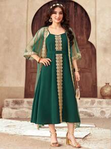 SHEIN 少女奢华优雅绿色/金色闪光透明 3/4 袖罩衫和无袖金色丝带束带连衣裙，迷人服装/连衣裤