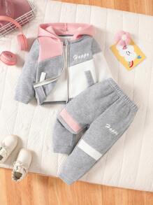 SHEIN Playful Pals 3 件套休闲运动女婴装：拼色连帽夹克 + 白色 T 恤 + 运动裤，秋冬 - 灰色 - 查看 1