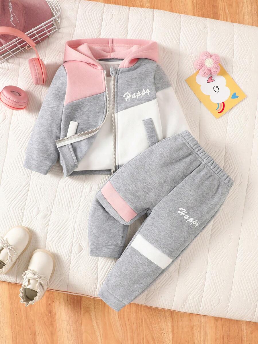 SHEIN Playful Pals 3 件套休闲运动女婴装：拼色连帽夹克 + 白色 T 恤 + 运动裤，秋冬 - 灰色 - 查看 1