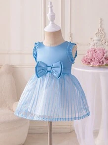 Glamorique Kids Spring/Summer Azure Blue Ruffle Trim Striped Organza Midi Dress - Baby Blue - View 4