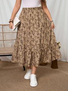 SHEIN LUNE 大码休闲碎花多层半身裙 - 卡其色 - 查看 3