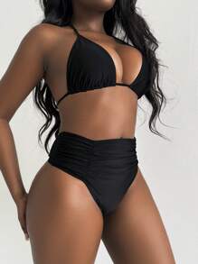 SHEIN Slayr 夏季新款女士性感纯色黑色丁字裤泳裤 - 黑色 - 查看 5