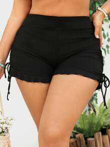 Swim Mod Plus Size Swimwear In Sweet & Cute Stripe Pattern With Special Fabric Black Tie & Ruffle Trim Bottom Summer - Black - View 1