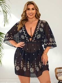 SHEIN Swim Curve Top caftan ample d'été pour femmes grandes tailles, imprimé placé, coupe décontractée - Noir et Blanc - Voir 4