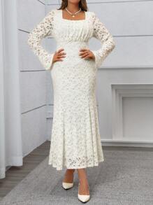 SHEIN Clasi 女式大码春秋冬优雅纯色蕾丝方领收腰美人鱼喇叭袖口长袖连衣裙，杏色 - 杏色 - 查看 3