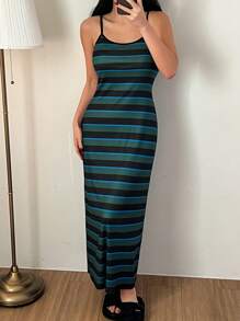 DAZY Simple Striped Spaghetti Strap Long Nightgown Pajama - Green - View 4