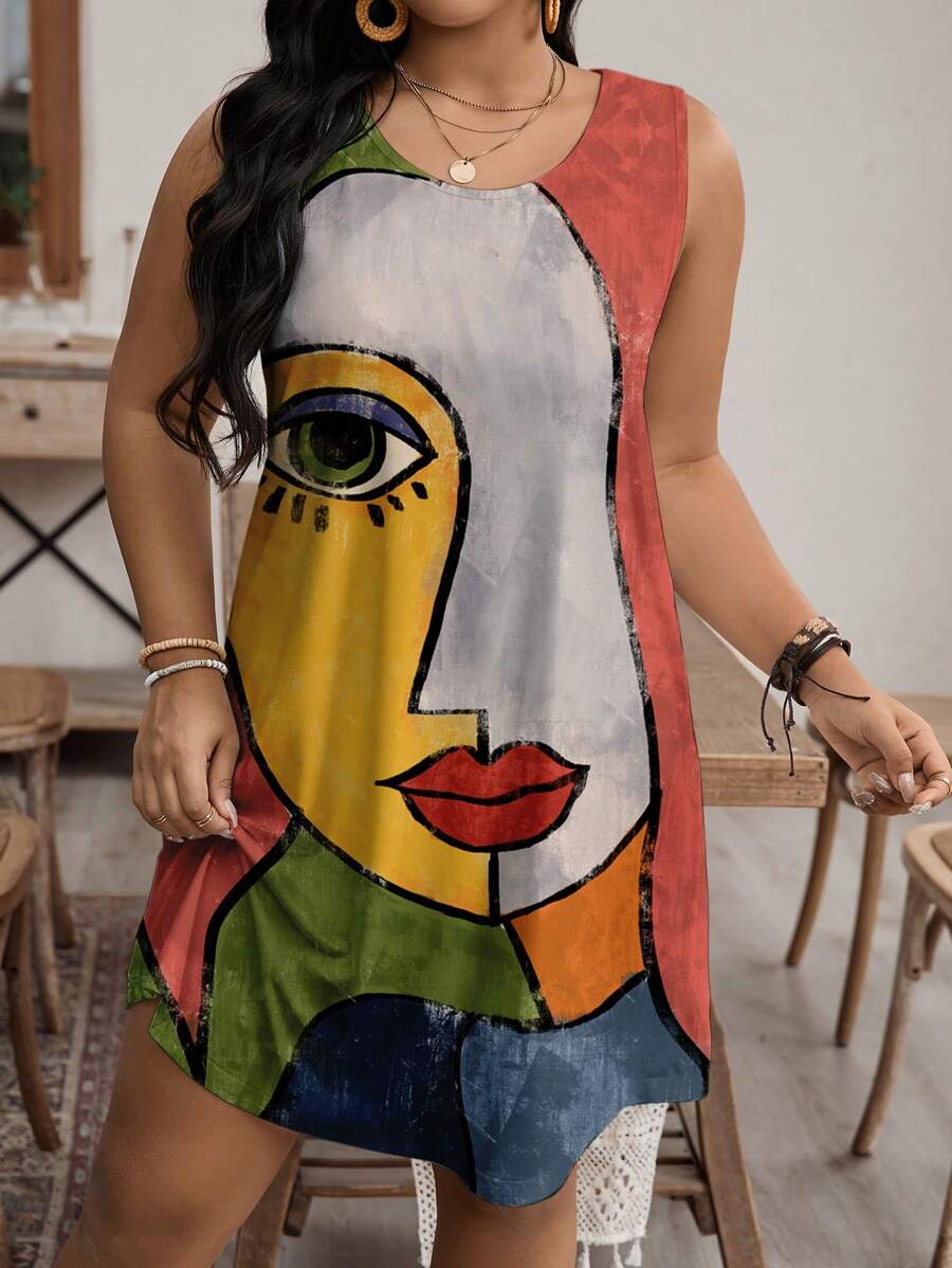 EMERY ROSE 大码女式休闲肖像印花圆领无袖连衣裙，适合夏季