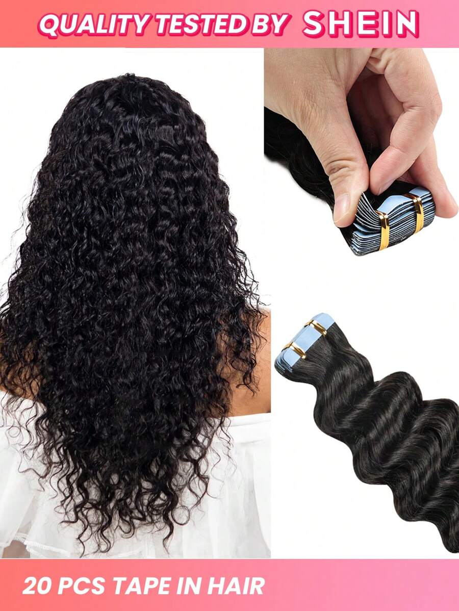 20pcs Tape In Hair Deep Wave Natural Black Color 150% 18-22 Inch Virgin Brazilian Human Hair Tape In Hair Extension Tape In Hair Tape Ins Hair Extensions - SNatural - View 1