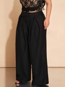 SHEIN BAE Plus Size Women Black Wide Leg Pants, High Waist Full Length Trousers, Suitable For Valentine's Day, Carnival, Beach, Holiday, Back To School, Spring/Summer, Commute, Daily Wear, Date