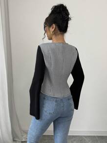 Elenzga Camisa de mujer elegante de manga acampanada con cuello cuadrado y bloque de color negro