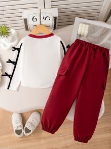SHEIN Young Girls Spring/Autumn Bowknot Fashionable Sets, Long Sleeve Tops & Pants, Street Wear - Burgundy - View 2