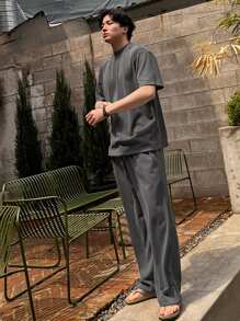 DAZY Men's Textured Fabric Grey T-Shirt Set, Summer Business Attire - Grey - View 5