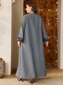 Al Najma Plus Size Women V-Neck Bell Sleeve Faux Linen Patchwork Jacquard Tassel Elegant Luxury High-End Fashion Arabic Turkish Dress, Modest Kaftan