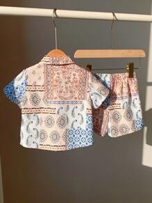 2 Pieces Baby Boys Casual Cute Geometric Pattern Lapel Short Sleeve Shirts, Suitable For Spring/Summer Indoor & Outdoor Wear