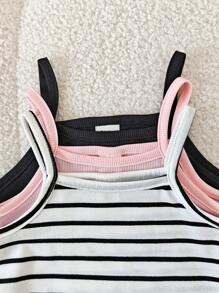 SHEIN 3pcs/Set Infant Baby Girl Casual Versatile Soft & Gentle Jumpsuit, White, Pink, Striped Suspender 3 Outfit Sets, High Cost Performance, Suitable For Home Or Outing In Spring And Summer - Black and White - View 5