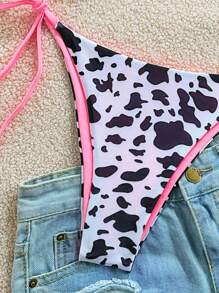 Soleia 2pcs/Set Women's Vacation Cow Print Contrasting Magenta Reversible Halter Tie Bikini, For Summer Beach - Multicolor - View 4
