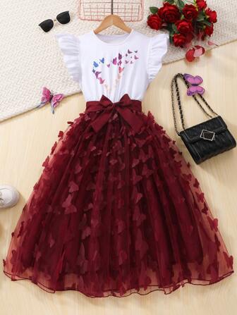 Tween Girl Butterfly & Floral 3D Decor Dress, Fashionable, & Comfortable,Holiday,Summer,Travel