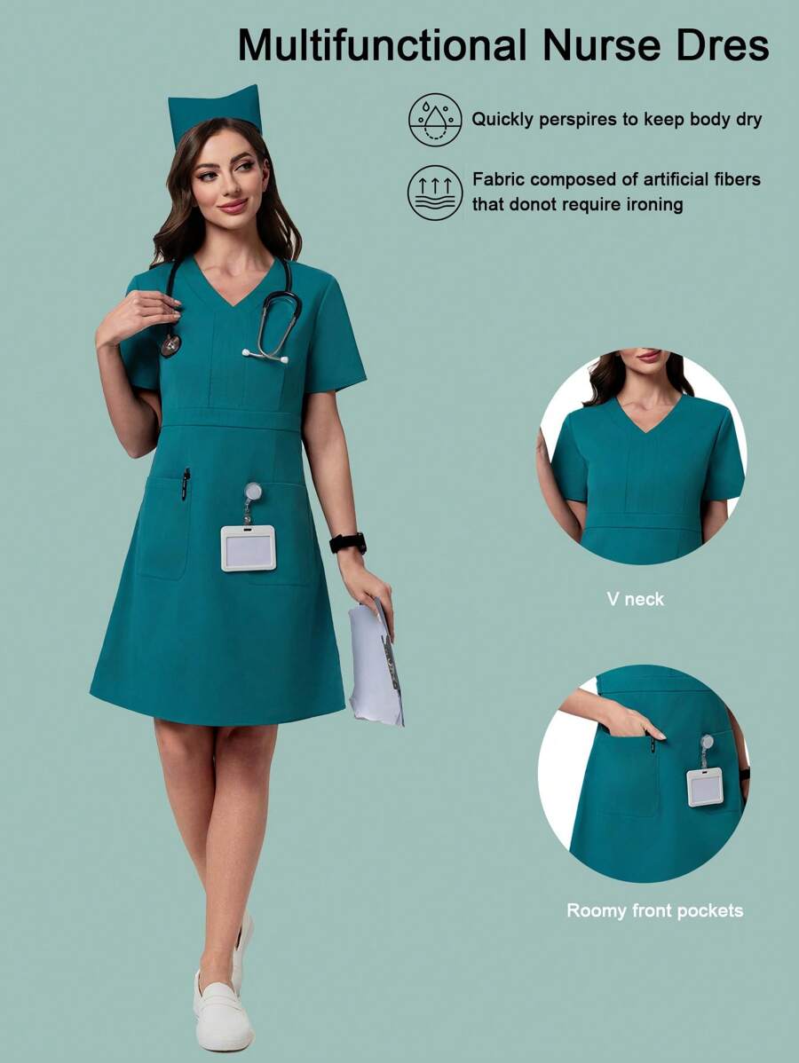 Scrubzie Women's Anti-Wrinkle Cross-Wrapped Nurse Dress - Teal Blue - View 1