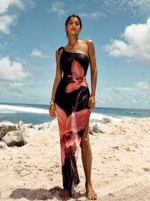 Opulessa Knit Mesh Print Slit Dress With One Shoulder Design For Women, Halloween Costume, Christmas Party Clothes, New Year Look, Thanksgiving Outfits, Elegant Dresses Party, Luxury Evening Dresses For Weddings, Sexy Club Outfits, Summer Beach Outfits, Mermaid, Bohemian Outfits, Ibiza Outfits, Western Style - Red - View 1