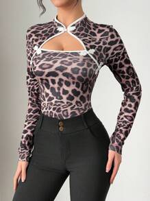 Elenzga Women's Cheongsam Collar Hollow Out Exposed Chest Contrast Color Chinese Button Long Sleeve T-Shirt