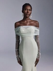 Elitara 浪漫优雅白色缎面深 V 领长袖宽 A 字形露背链环装饰下摆拖尾婚纱，简约新娘礼服，新娘 - 薄荷綠 - 查看 3