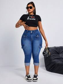 SHEIN SXY Pantalones capri de carga personalizados elásticos para mujer de talla grande