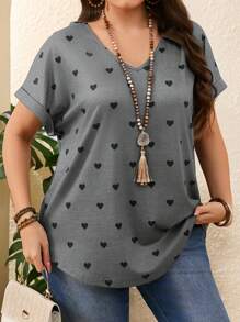 Rosumi Áo thun nữ cỡ lớn in hình trái tim cổ chữ V tay cánh dơi ngắn tay, thích hợp cho mùa hè, kỳ nghỉ, mùa xuân. - Xám - Xem 3