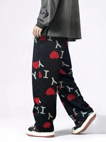 ROMWE MEN Street Life 男士数字心形印花休闲长裤，时尚 - 黑色 - 查看 6
