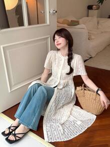 DAZY 女式休闲V领宽松中长蕾丝连衣裙太阳裙 - 杏色 - 查看 2