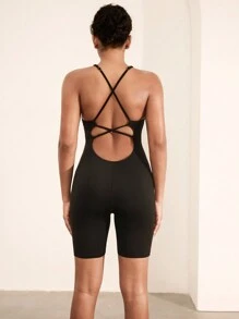 Tropiluxe Solid Color Open Back Sleeveless Yoga Sports Seamless Romper Sportwear For Daily Wear