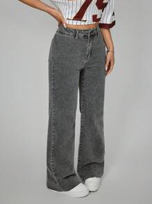 SHEIN EZwear Jean taille haute droit de style décontracté et lavé