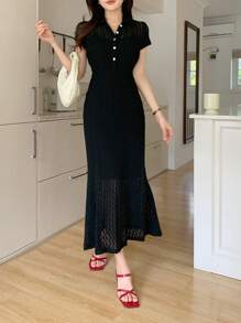 DAZY 女式纽扣半襟鱼尾下摆纯色蕾丝中长连衣裙夏季荷叶边 - 黑色 - 查看 1