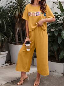 SHEIN LUNE Conjunto de 2 piezas para mujer con mangas cortas y diseño patchwork de estilo bohemio
