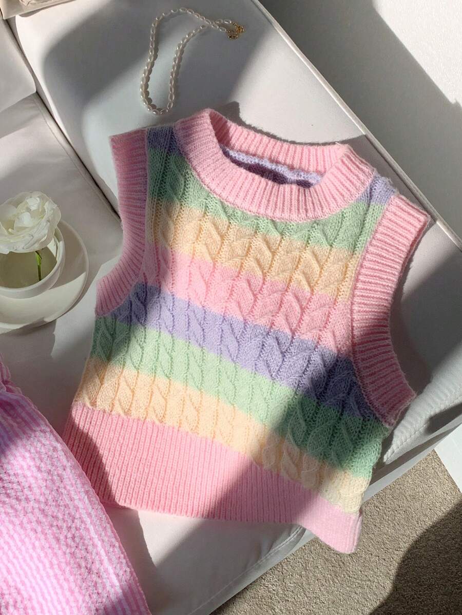 Comfortcana 女士条纹圆领无袖休闲针织上衣 - 彩色 - 查看 1