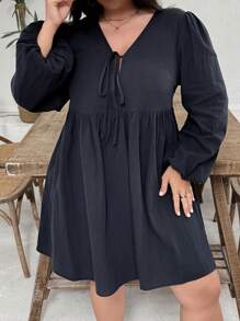 SHEIN VCAY Plus Size Solid Color Front Tie Long Sleeve Pleated Casual Short Dress - Black - View 4
