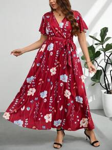 Firerie 大码女式夏季 V 领宽松随意花卉印花系带开衩连衣裙，度假风格 - 酒紅色 - 查看 4