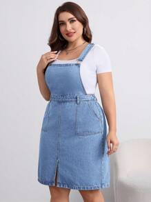 SHEIN Essnce Plus Size Casual Loose Denim Dungaree Dress With Adjustable Straps, Blue - Light Wash - View 3