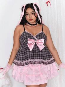 ROMWE Kawaii Camiseta sin tirantes estilo pijama con encaje floral vintage, lazo y cuadros para mujeres de talla grande - Negro - Ver 3