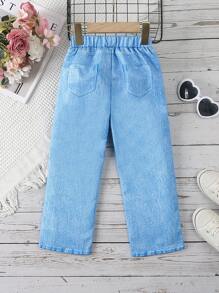SHEIN New Spring/Summer Young Girl 4-7 Years Old Girls Daily Casual Pentagram Denim Effect-Look Effect Elastic Waist Long Pants
