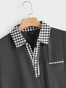 Manfinity Homme Camisa polo de manga corta casual de hombre a cuadros con parches